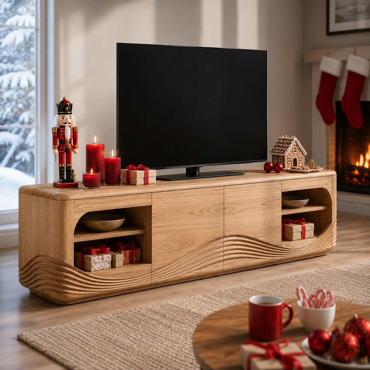 Dalton Open Shelf Solid Wood TV Console For Living Room