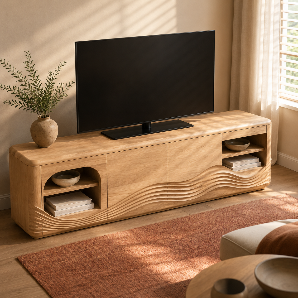 Dalton Open Shelf Solid Wood TV Console For Living Room