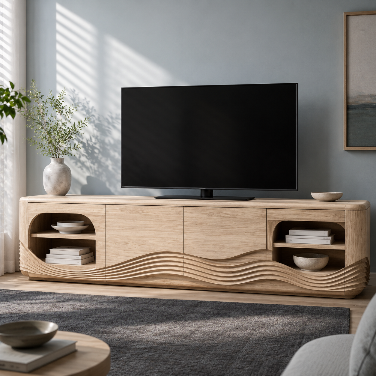 Dalton Open Shelf Solid Wood TV Console For Living Room
