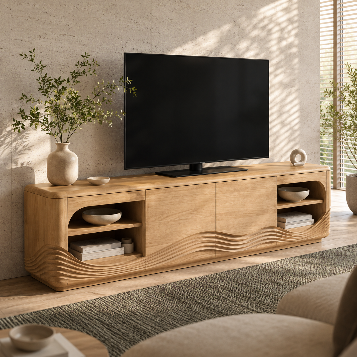 Dalton Open Shelf Solid Wood TV Console For Living Room
