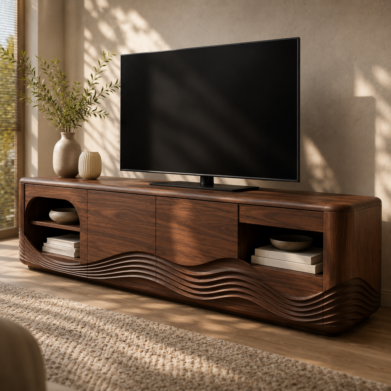 Dalton Open Shelf Solid Wood TV Console For Living Room