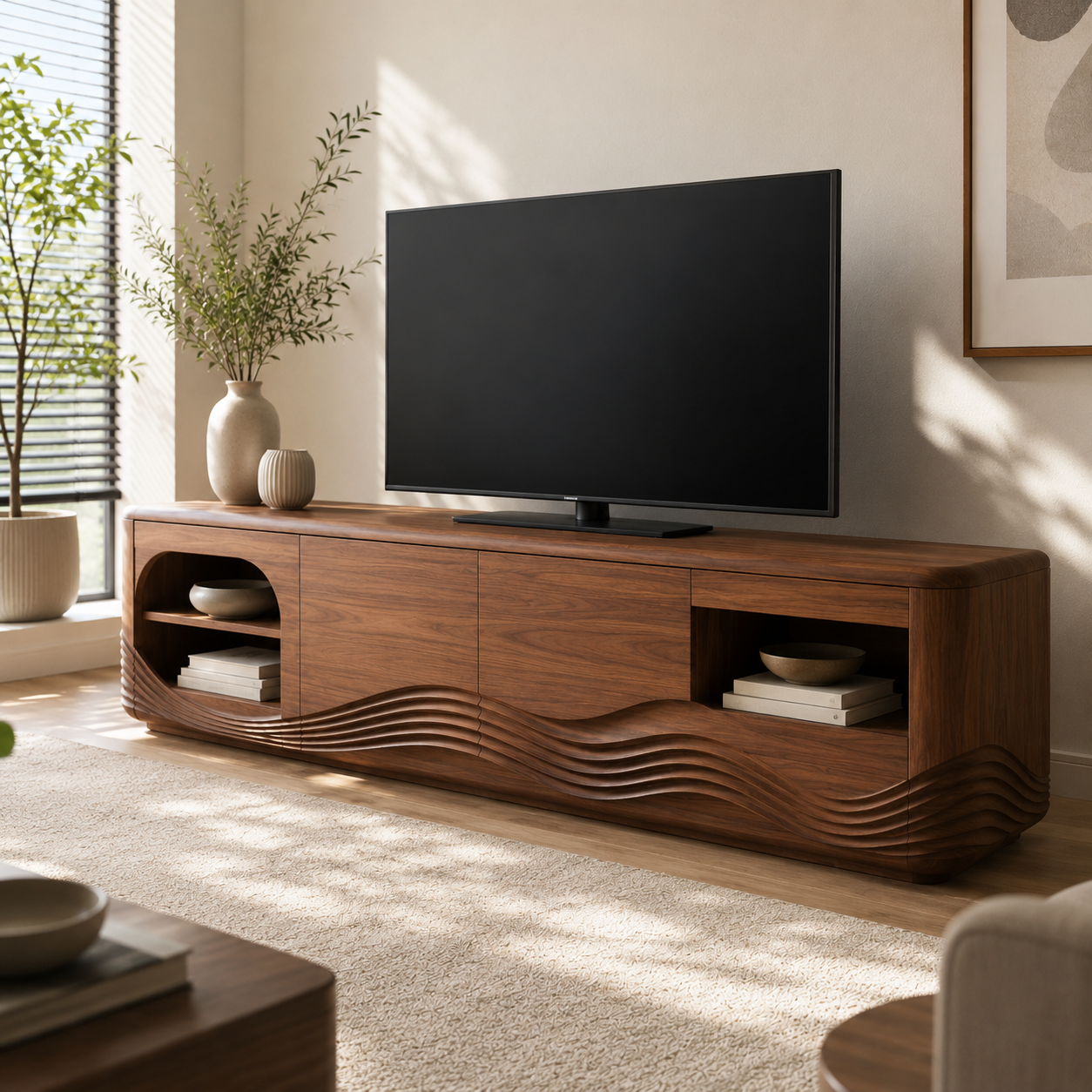 Dalton Open Shelf Solid Wood TV Console For Living Room