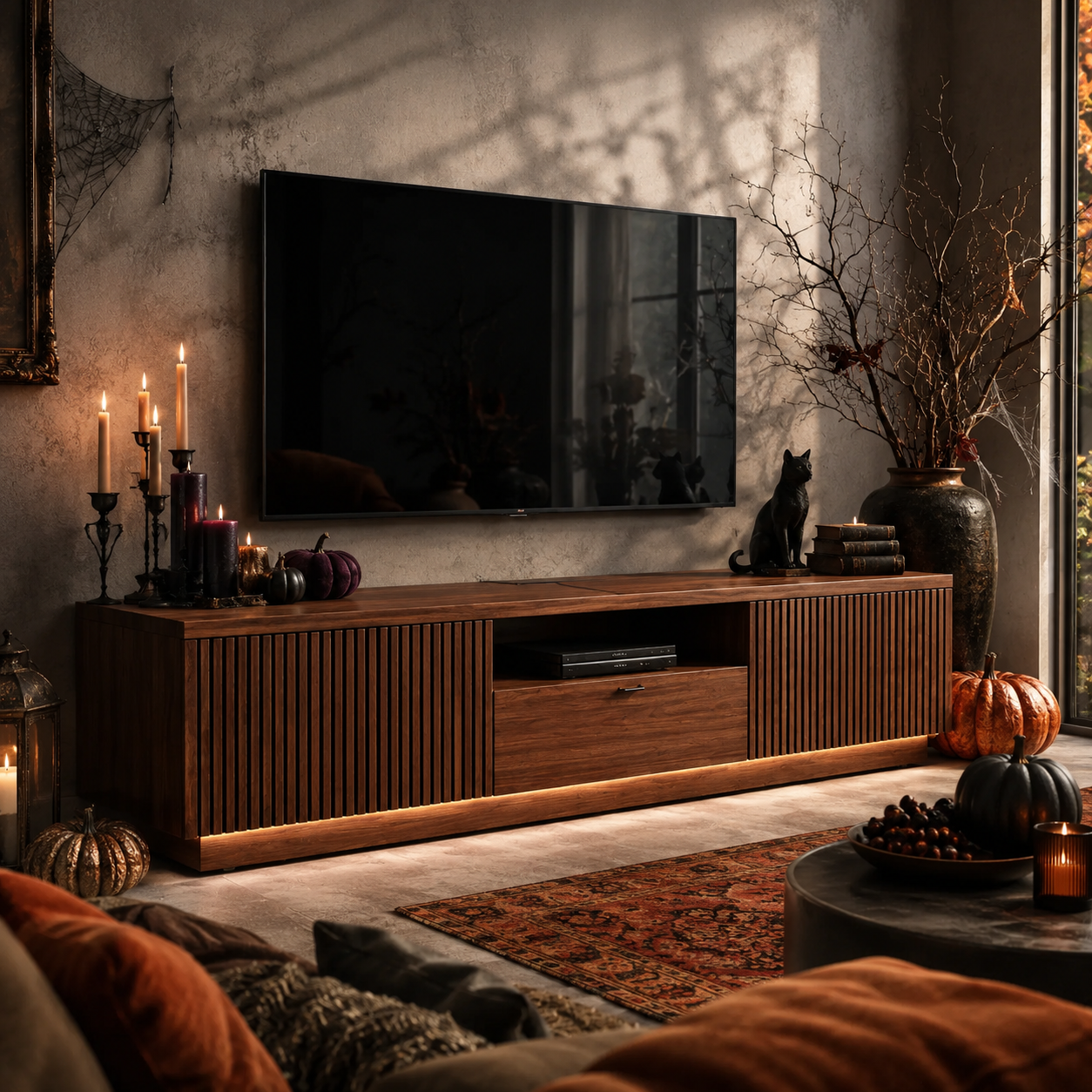 Grillon Slatted Solid Wood TV Stand For Living Room