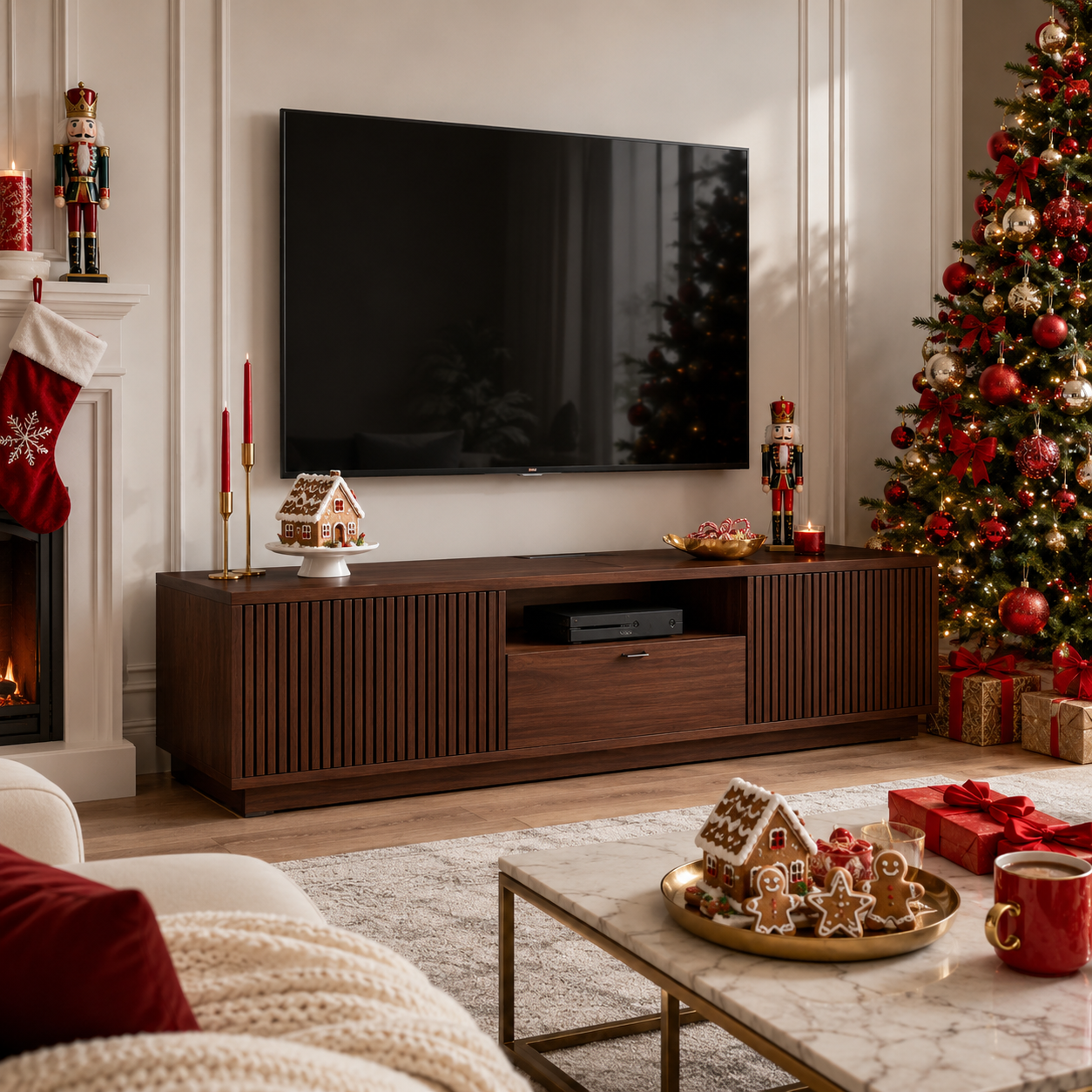 Grillon Slatted Solid Wood TV Stand For Living Room
