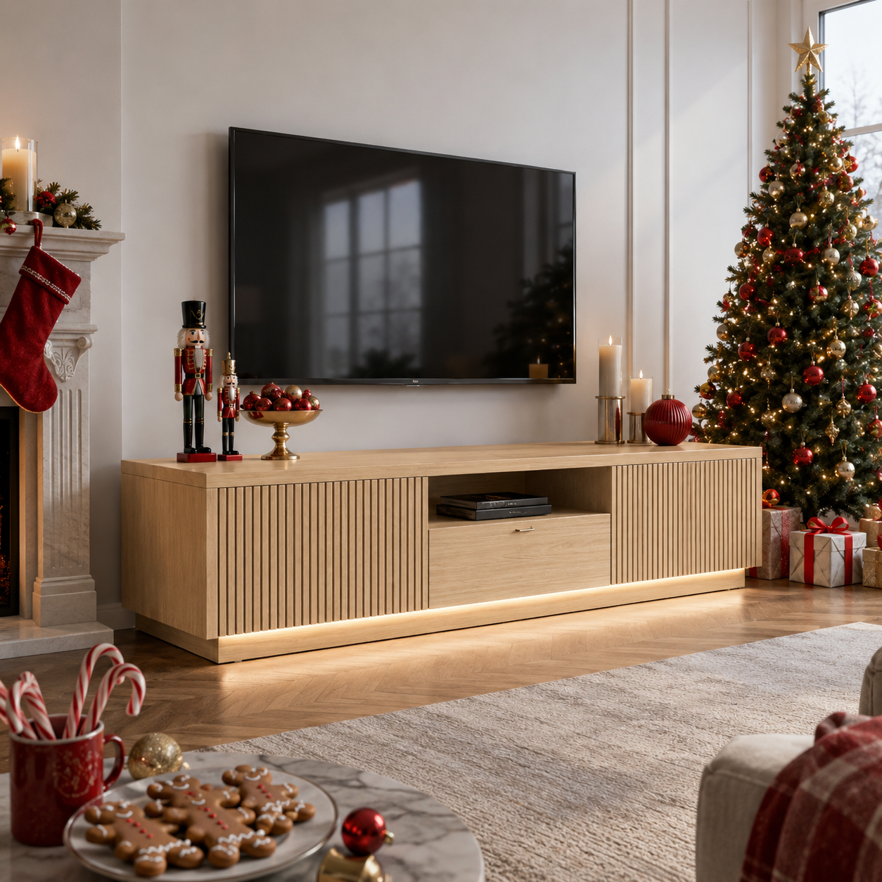 Grillon Slatted Solid Wood TV Stand For Living Room