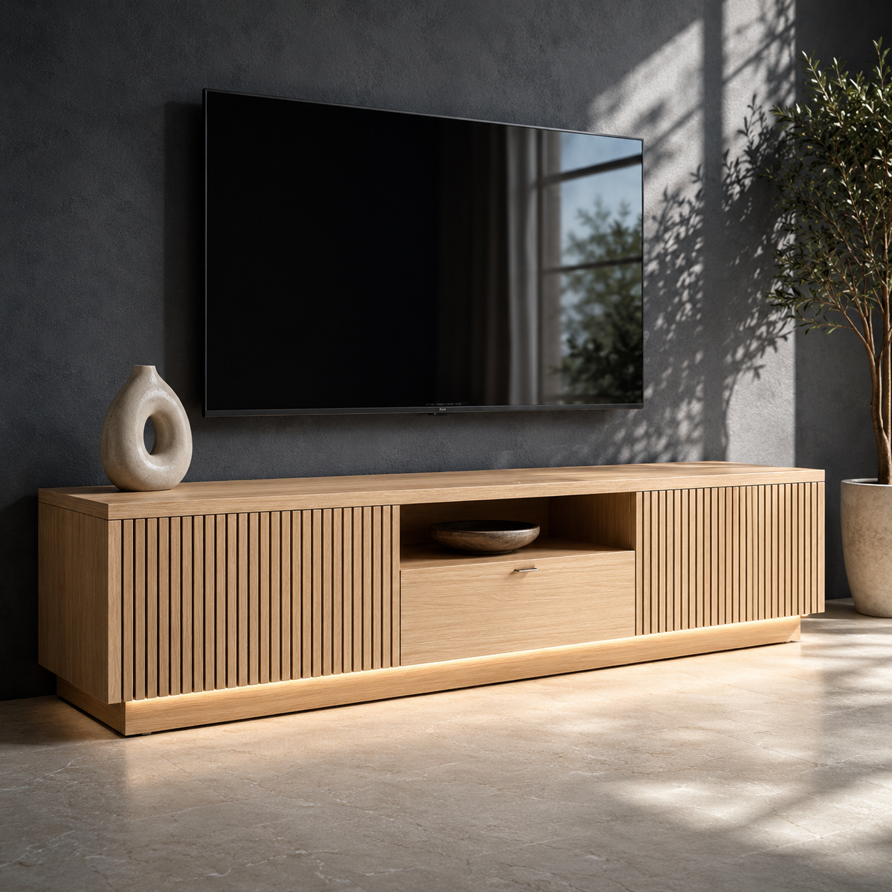 Grillon Slatted Solid Wood TV Stand For Living Room