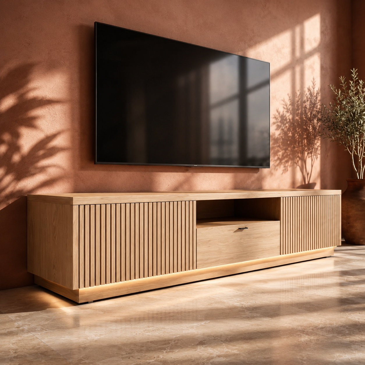 Grillon Slatted Solid Wood TV Stand For Living Room