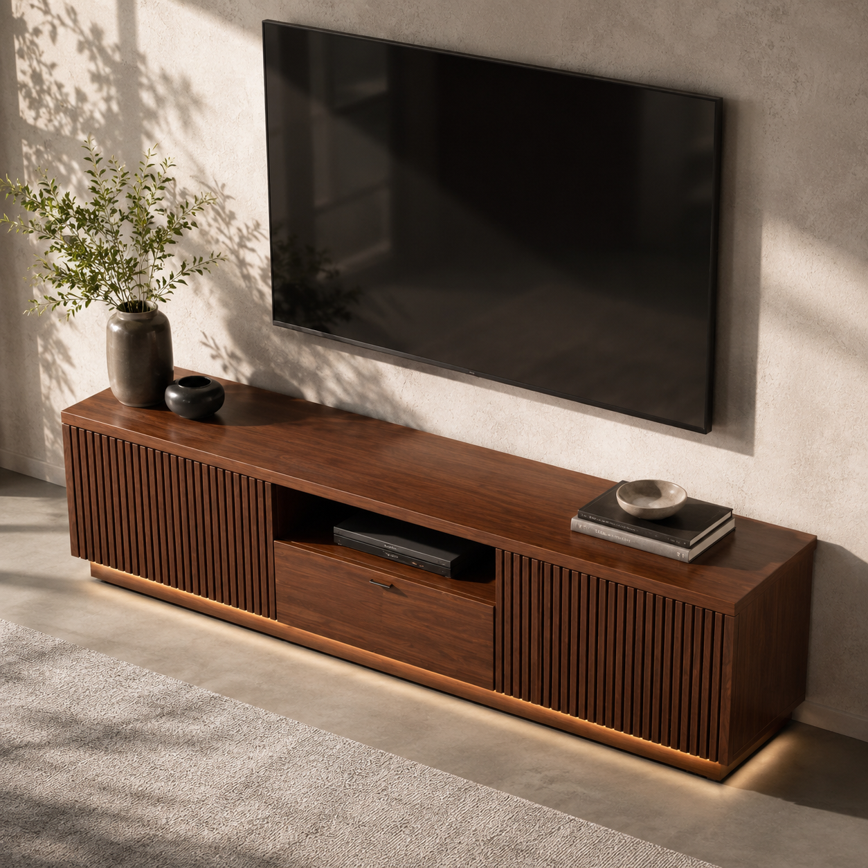 Grillon Slatted Solid Wood TV Stand For Living Room