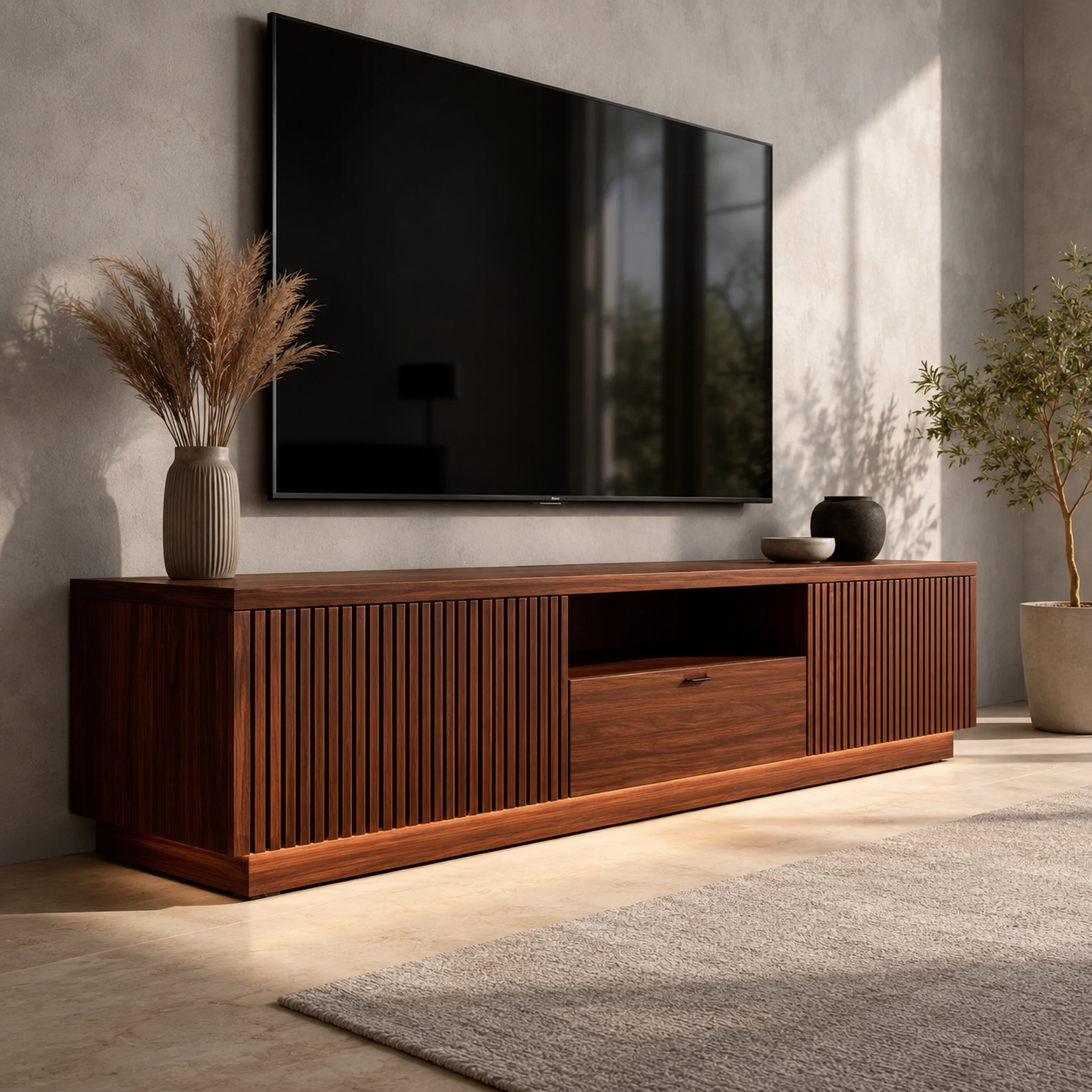 Grillon Slatted Solid Wood TV Stand For Living Room