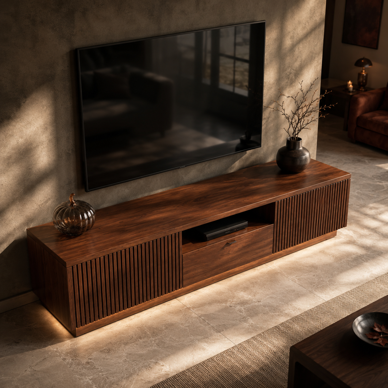 Grillon Slatted Solid Wood TV Stand For Living Room