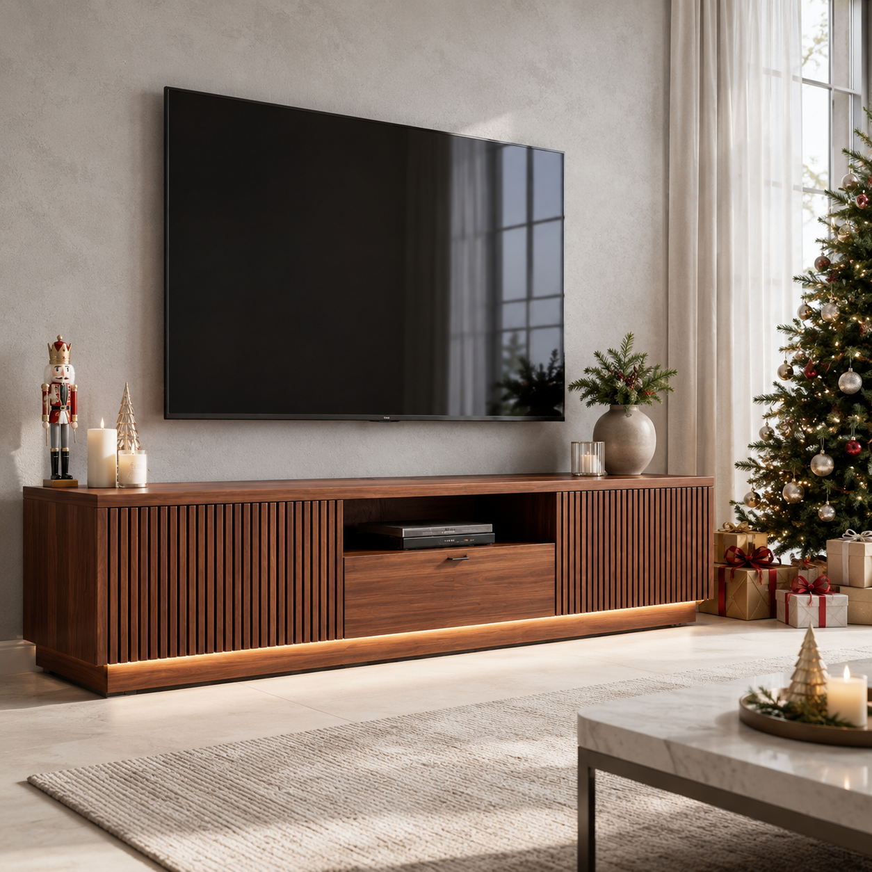 Grillon Slatted Solid Wood TV Stand For Living Room