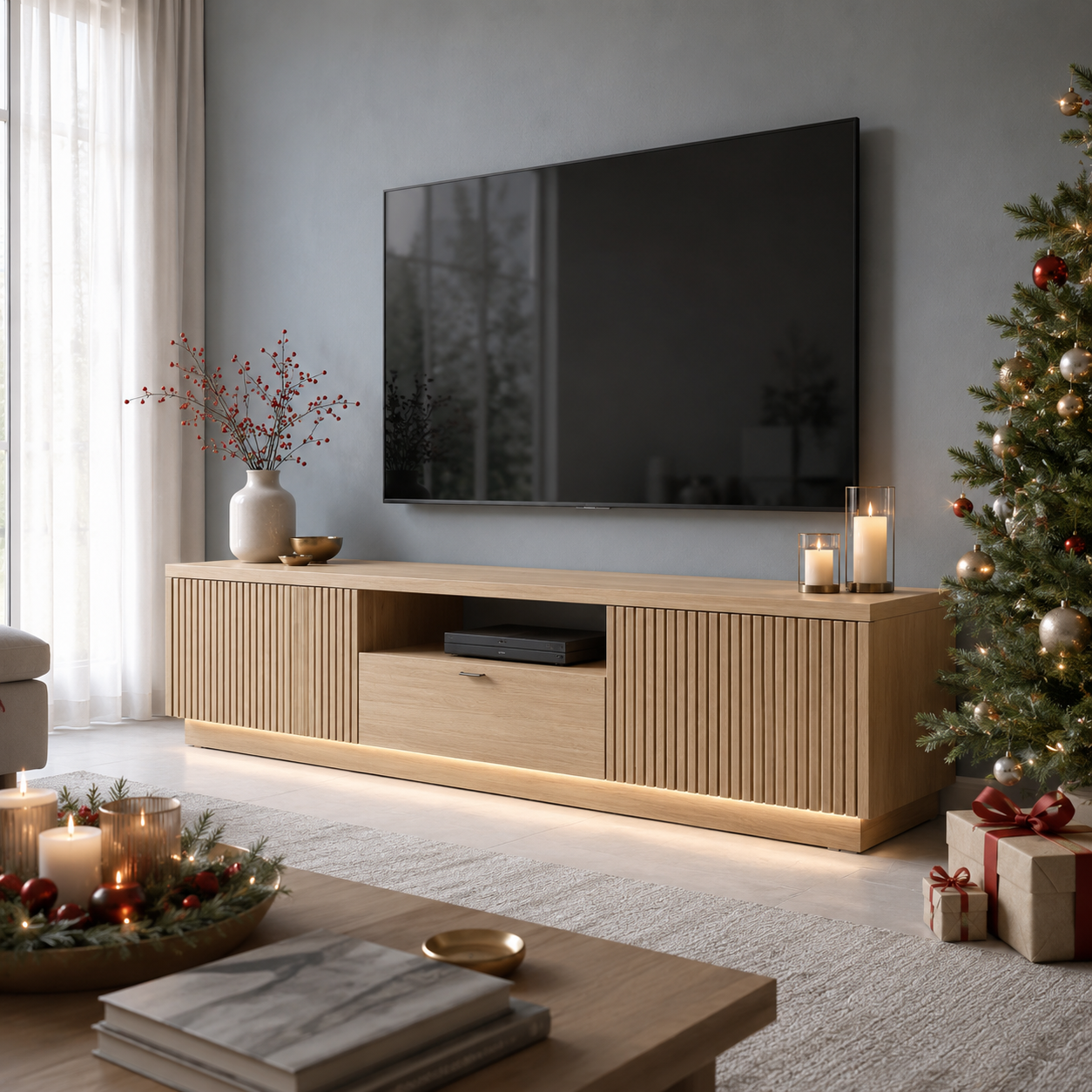 Grillon Slatted Solid Wood TV Stand For Living Room
