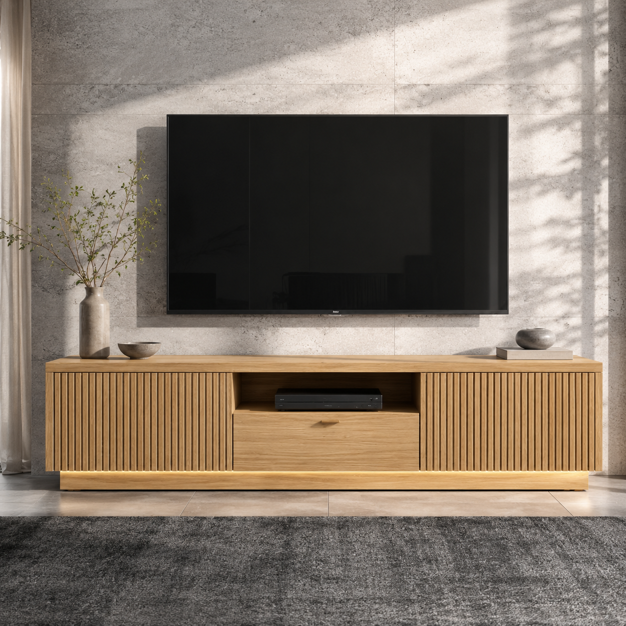 Grillon Slatted Solid Wood TV Stand For Living Room