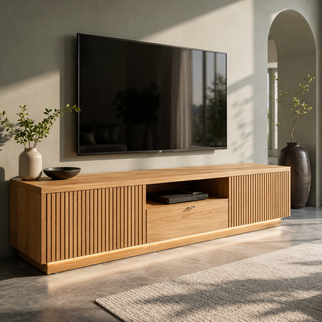 Grillon Slatted Solid Wood TV Stand For Living Room