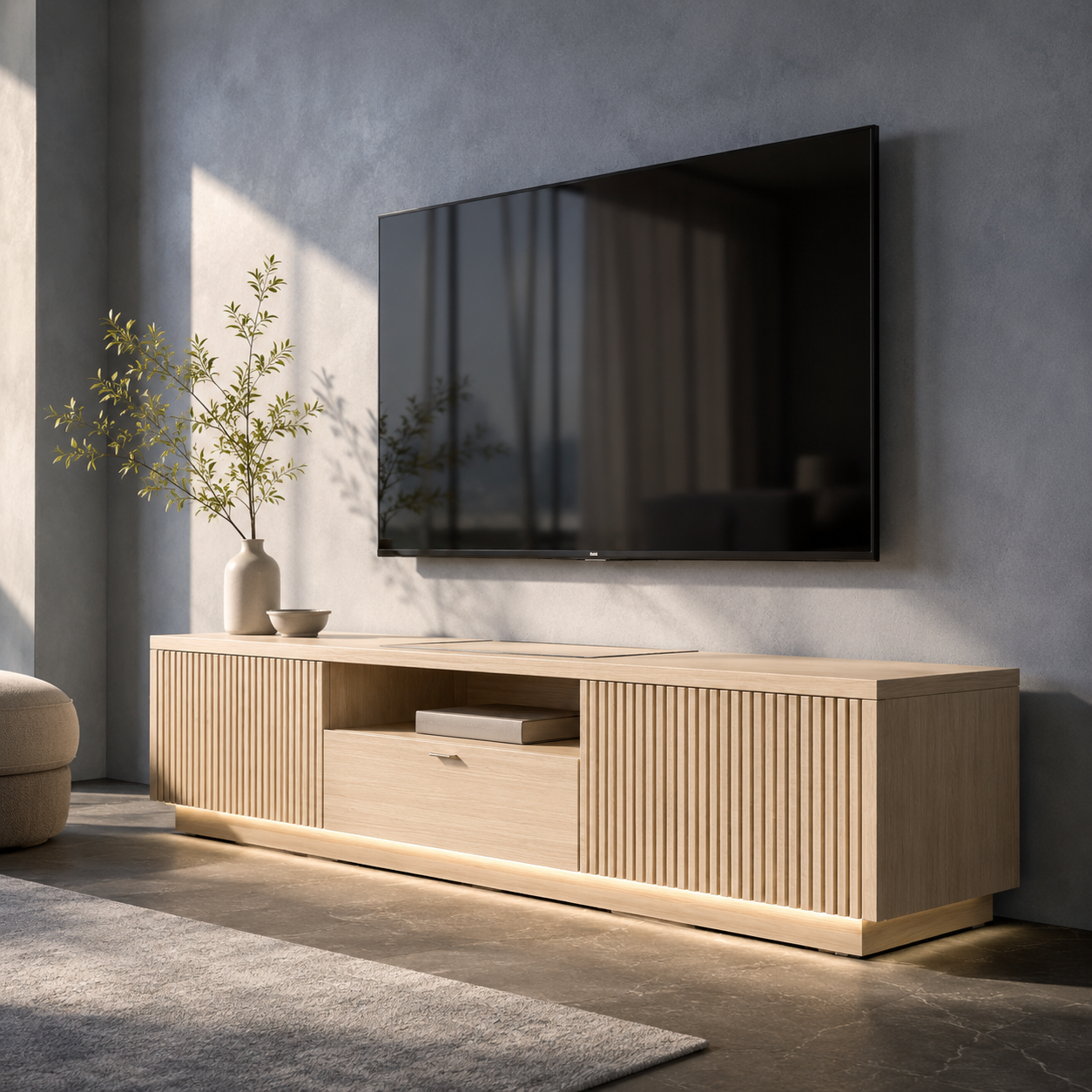 Grillon Slatted Solid Wood TV Stand For Living Room