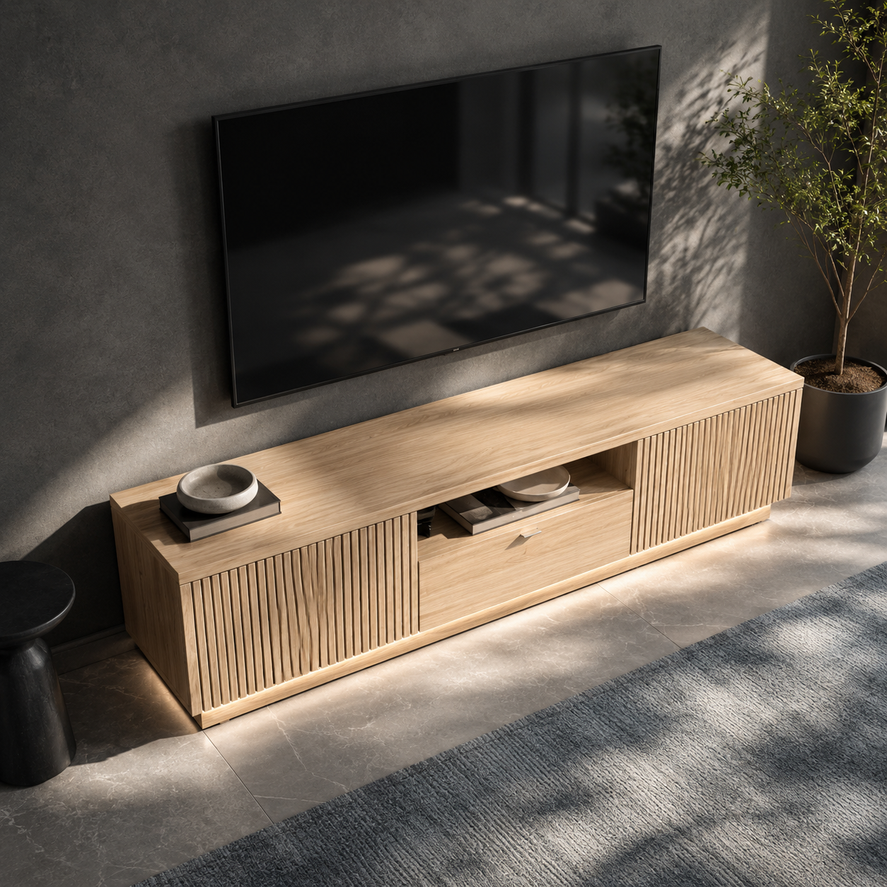 Grillon Slatted Solid Wood TV Stand For Living Room