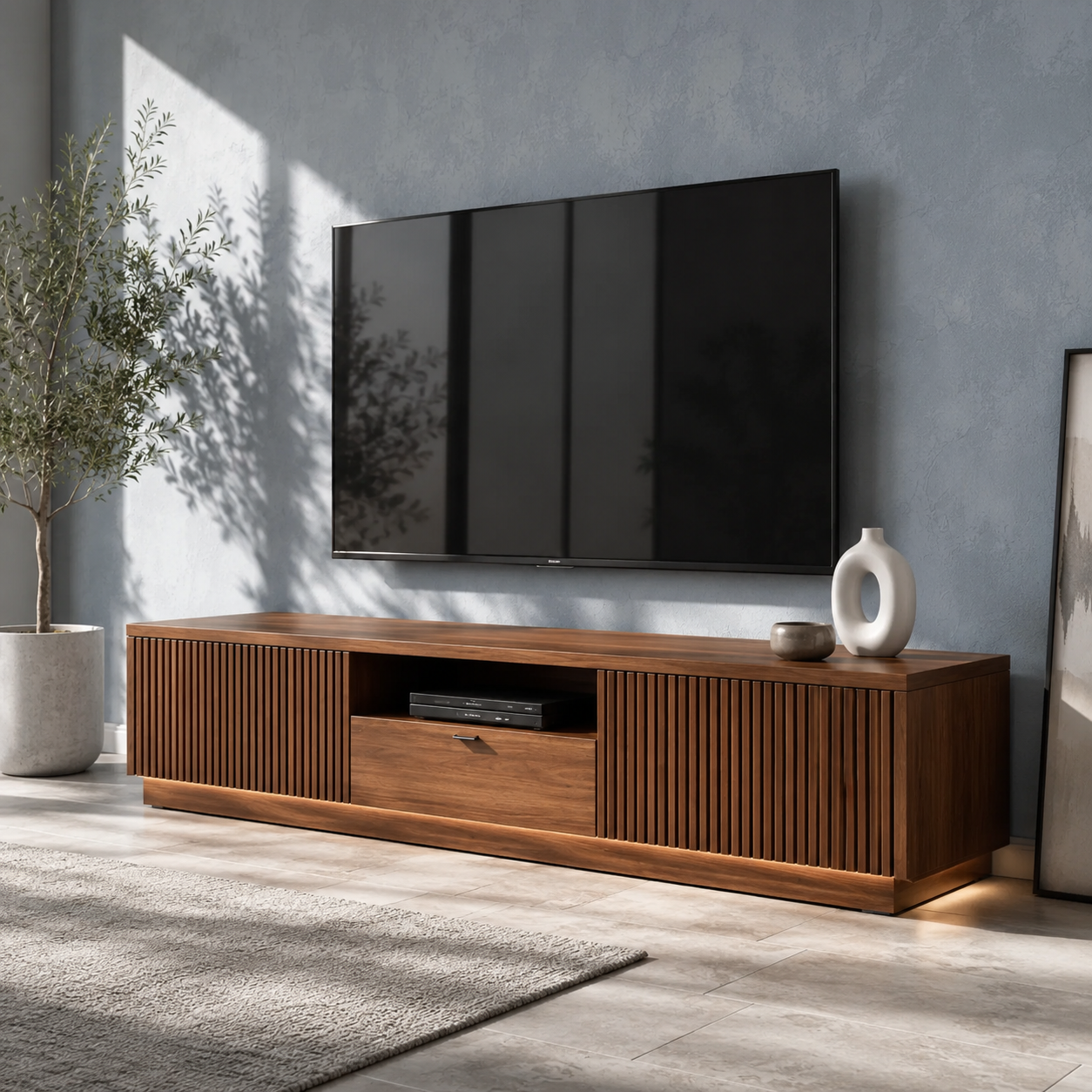 Grillon Slatted Solid Wood TV Stand For Living Room