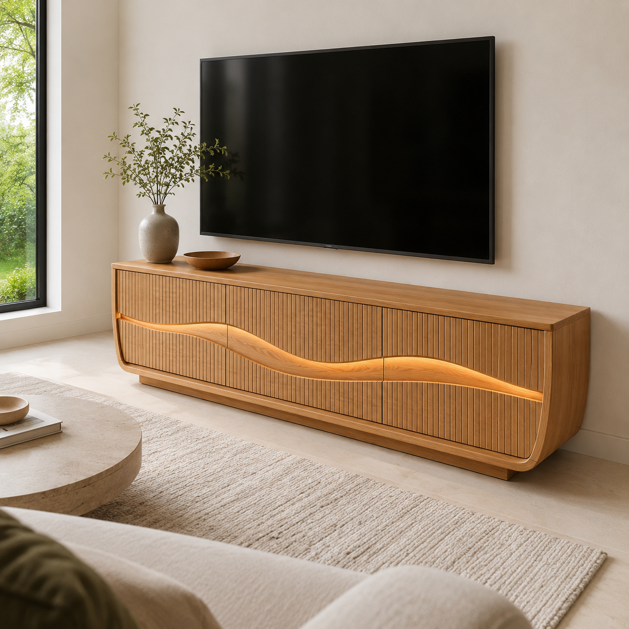 Oscura Wave Sculpted Solid Wood TV Stand For Living Room