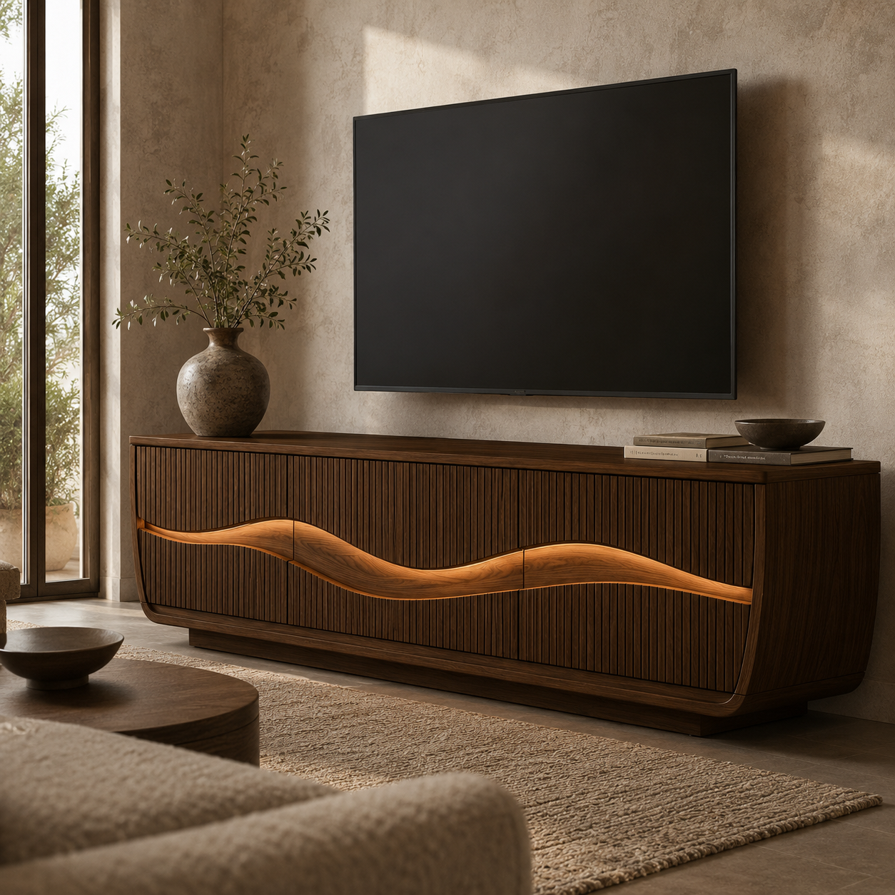 Oscura Wave Sculpted Solid Wood TV Stand For Living Room