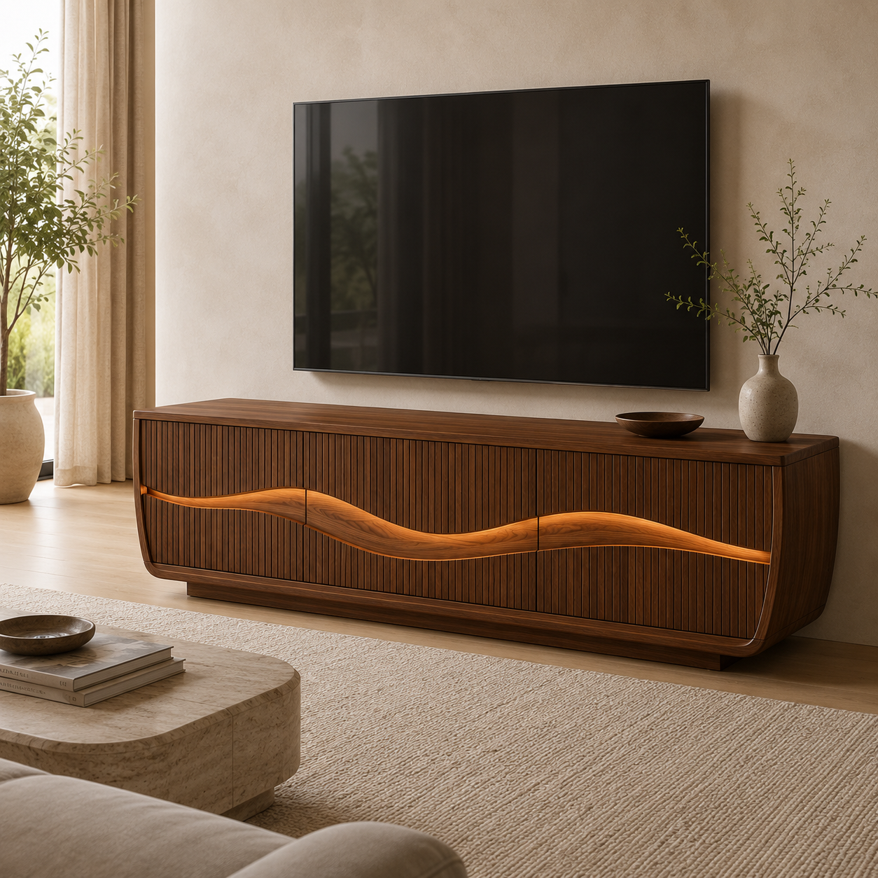 Oscura Wave Sculpted Solid Wood TV Stand For Living Room