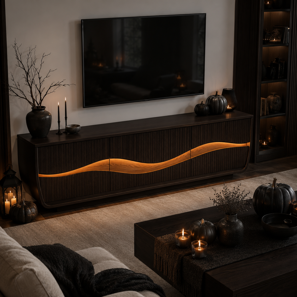 Oscura Wave Sculpted Solid Wood TV Stand For Living Room