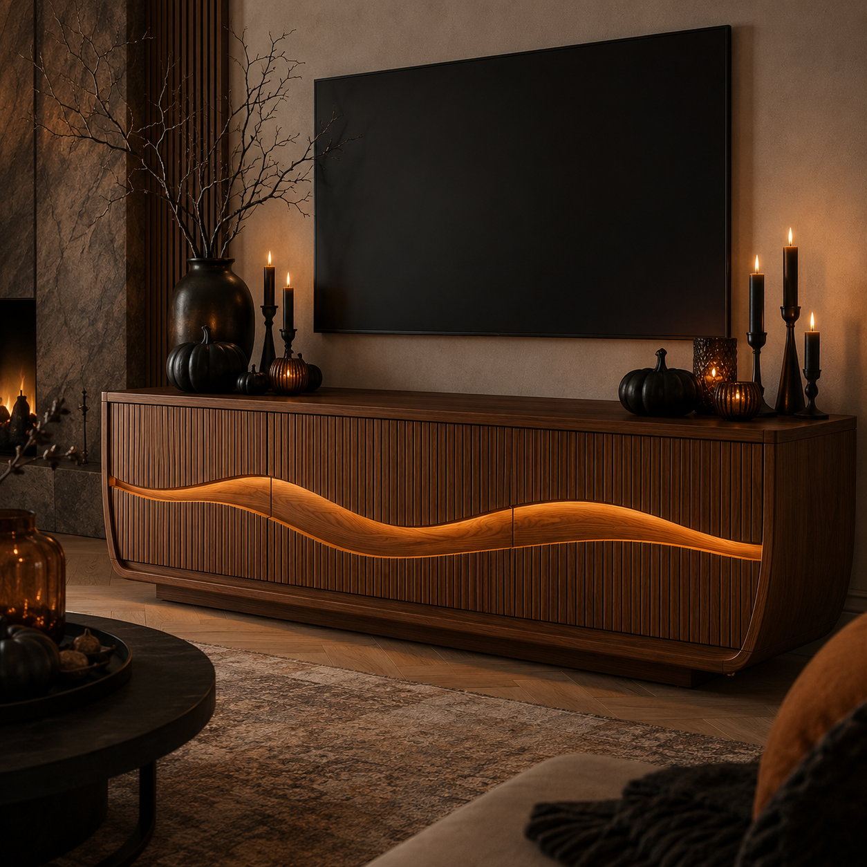Oscura Wave Sculpted Solid Wood TV Stand For Living Room