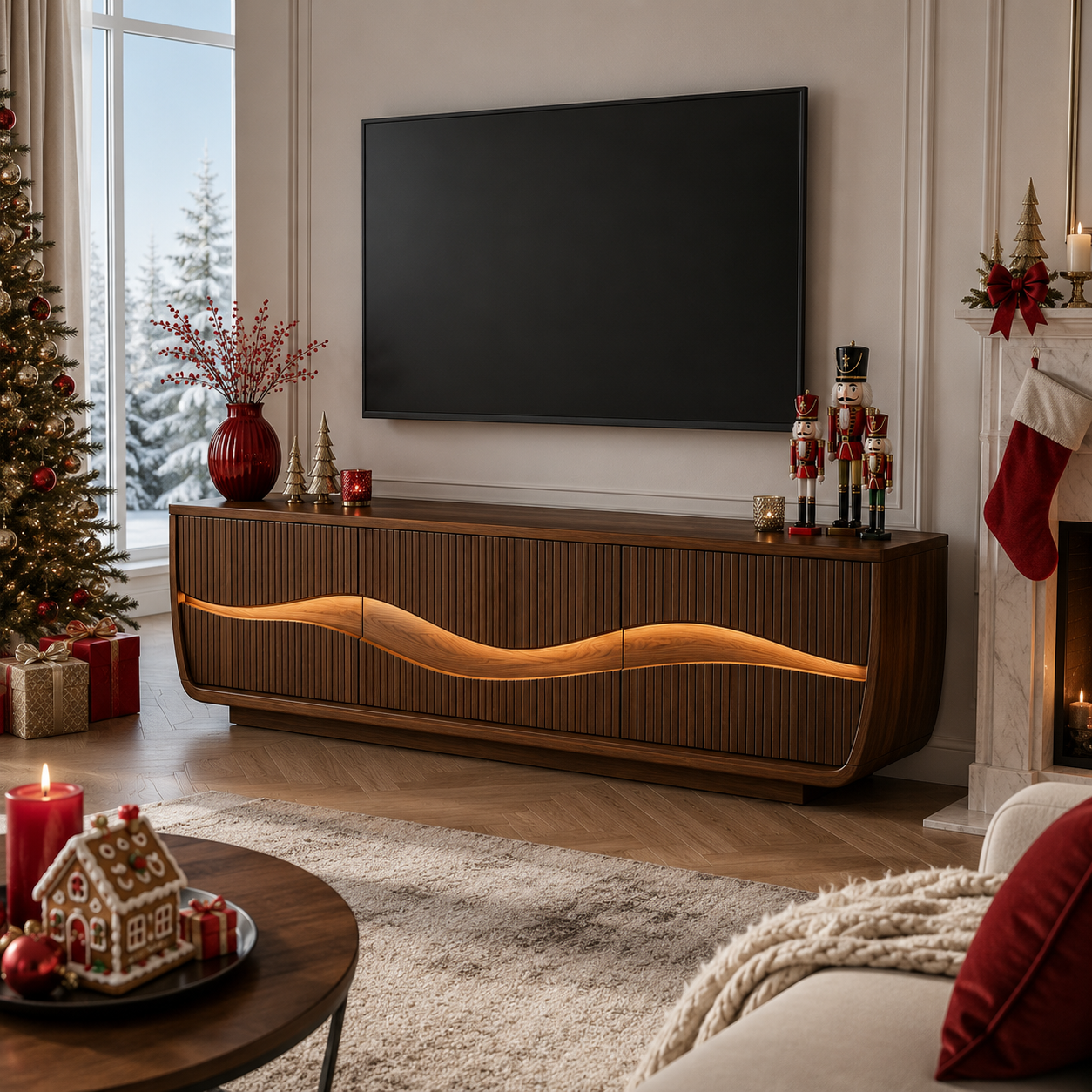 Oscura Wave Sculpted Solid Wood TV Stand For Living Room