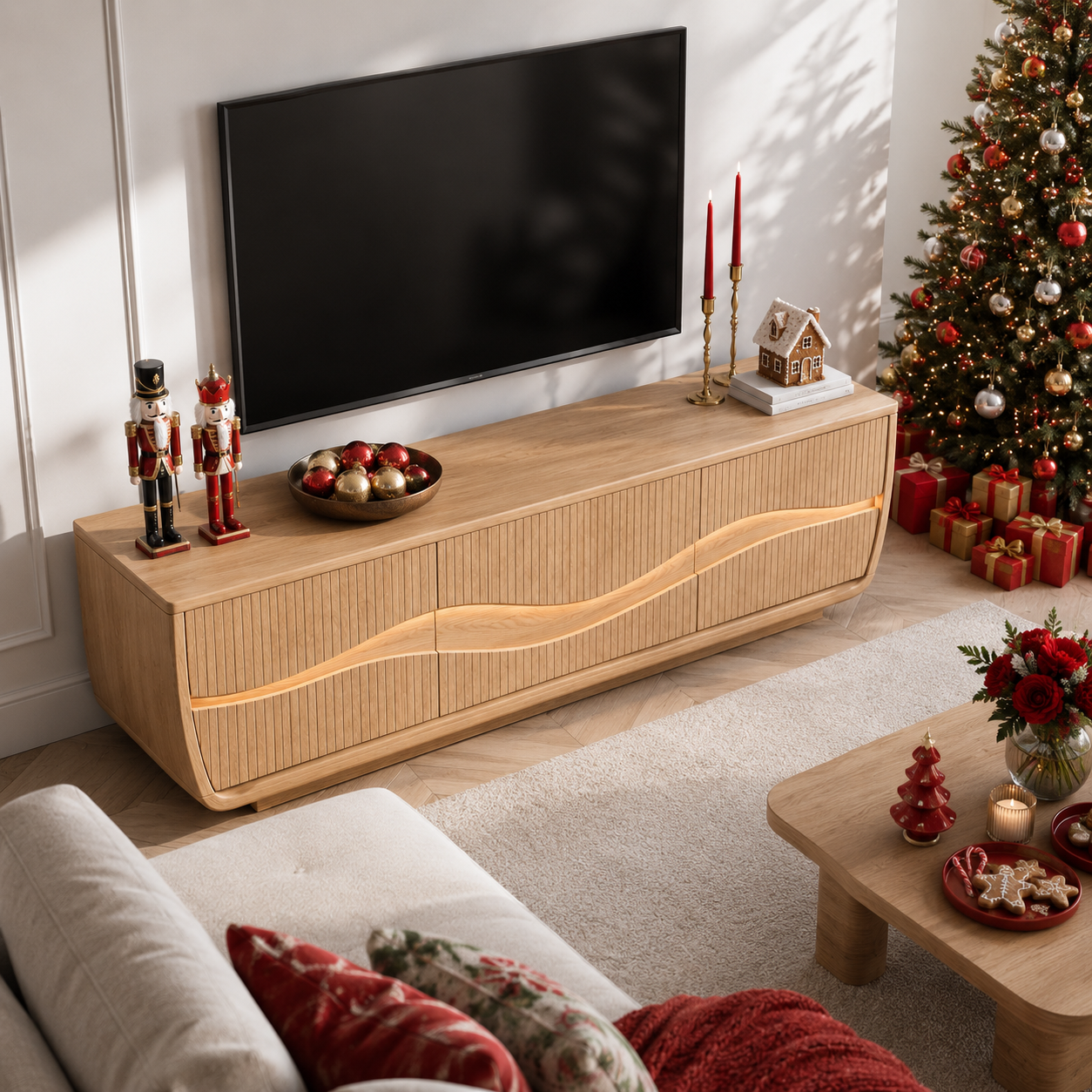 Oscura Wave Sculpted Solid Wood TV Stand For Living Room