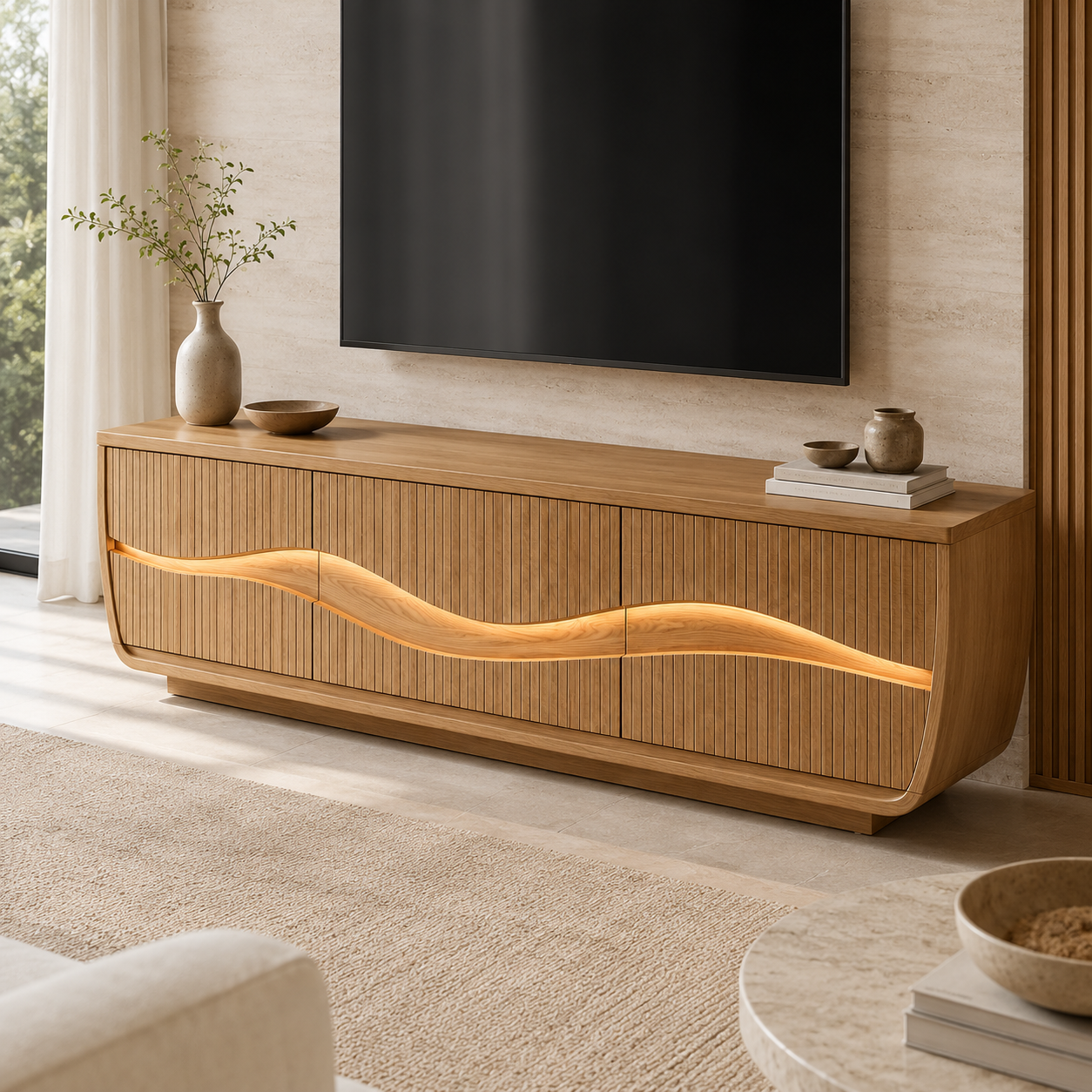 Oscura Wave Sculpted Solid Wood TV Stand For Living Room