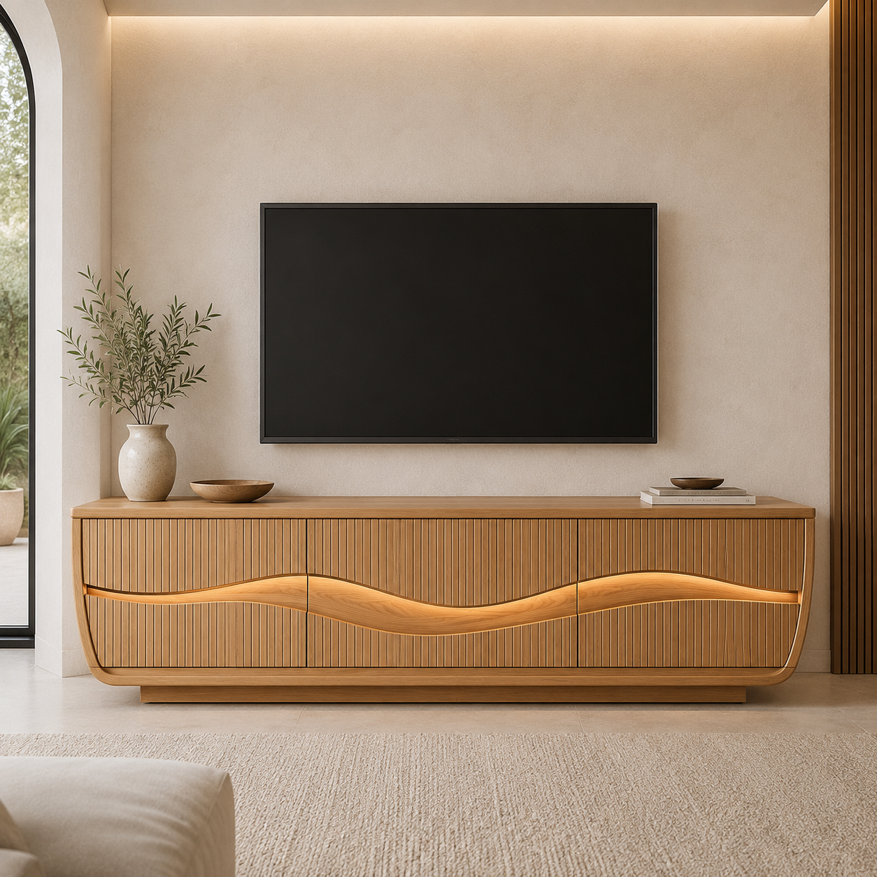 Oscura Wave Sculpted Solid Wood TV Stand For Living Room