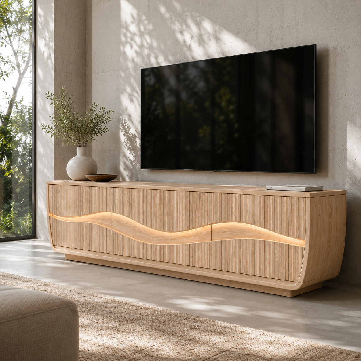 Oscura Wave Sculpted Solid Wood TV Stand For Living Room