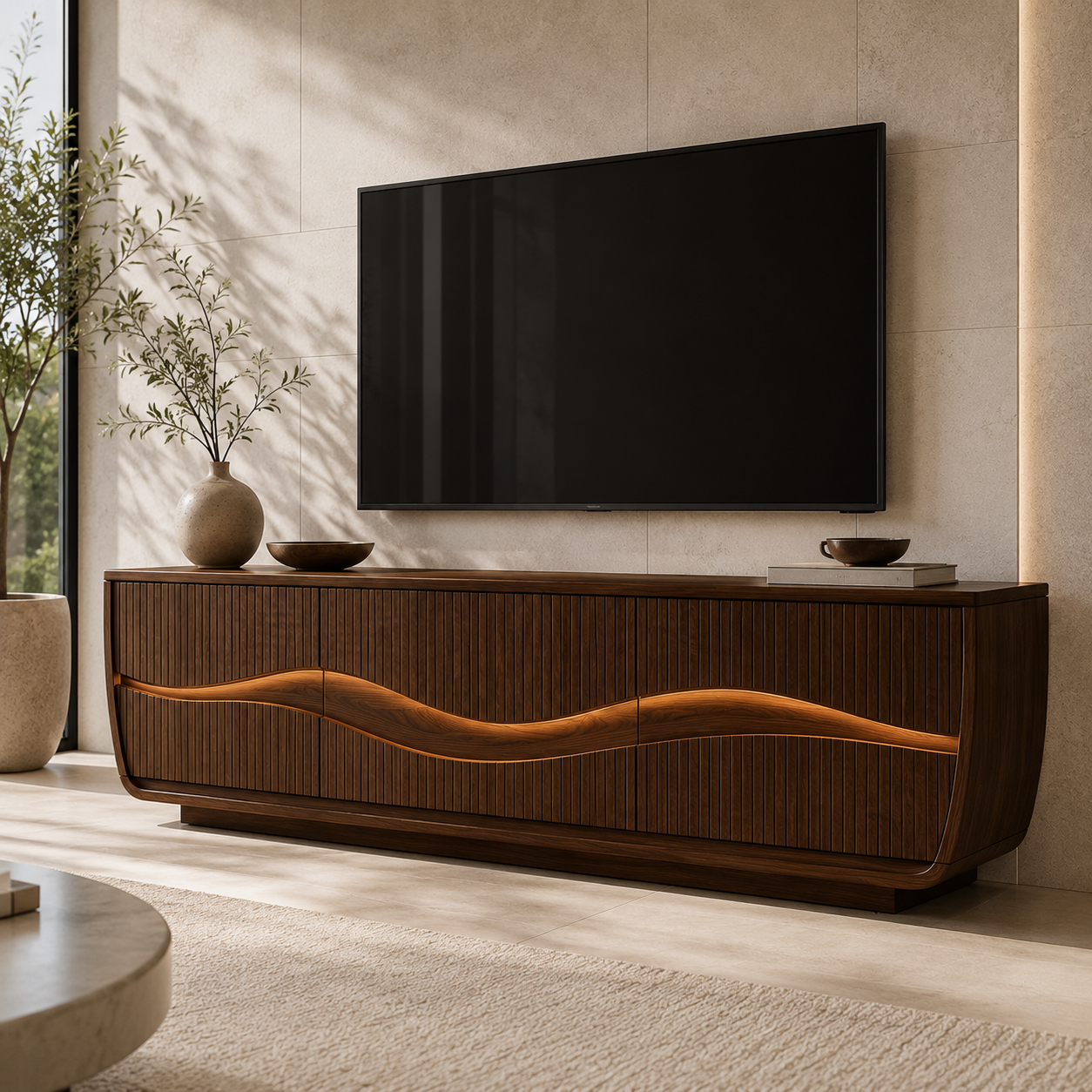 Oscura Wave Sculpted Solid Wood TV Stand For Living Room