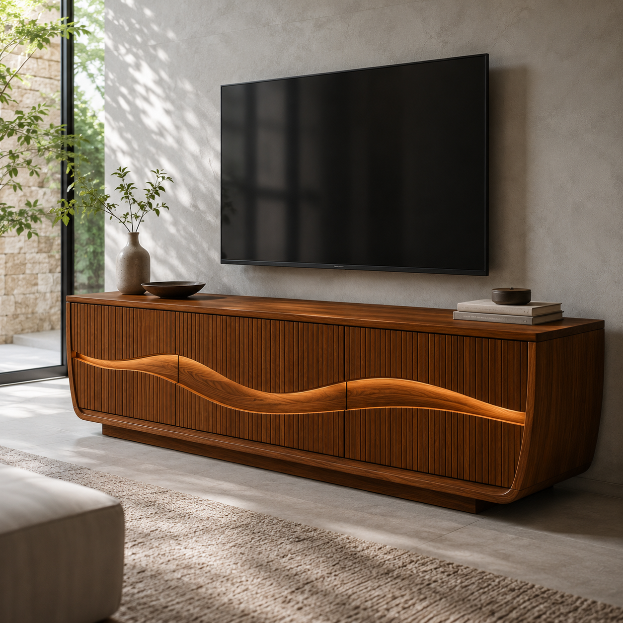 Oscura Wave Sculpted Solid Wood TV Stand For Living Room