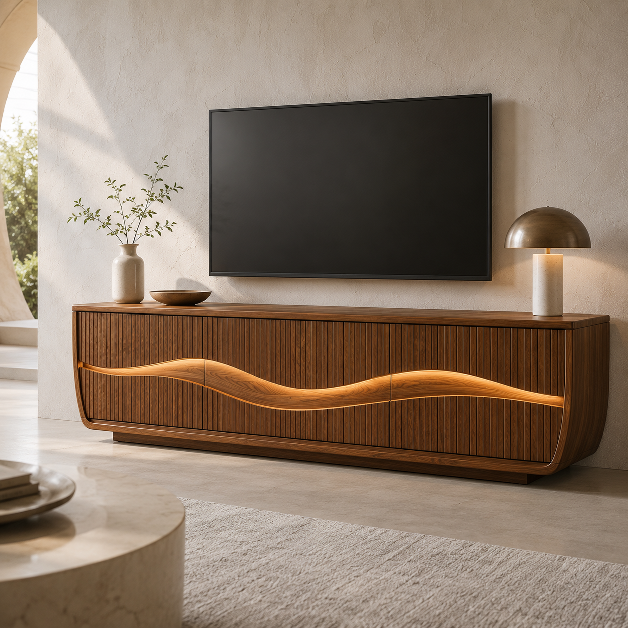 Oscura Wave Sculpted Solid Wood TV Stand For Living Room