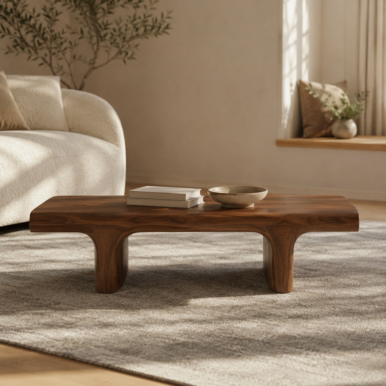 Koren Arched Monolith Solid Wood Coffee Table For Living Room