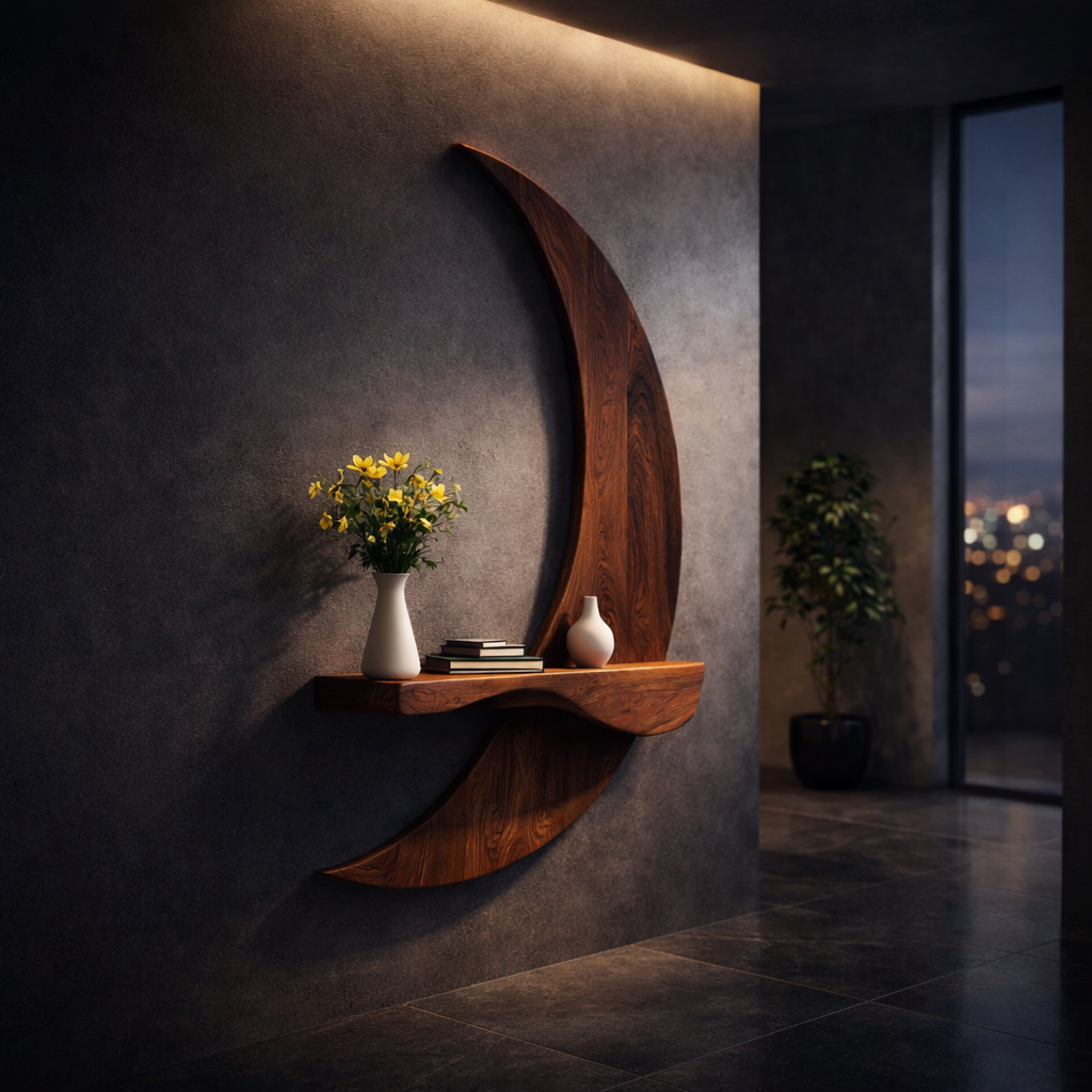 Crescara Crescent Solid Wood Floating Shelf For Living Room