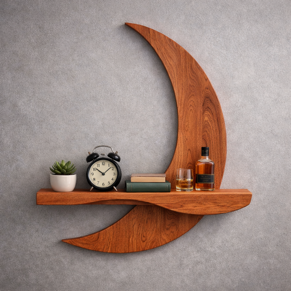 Crescara Crescent Solid Wood Floating Shelf For Living Room