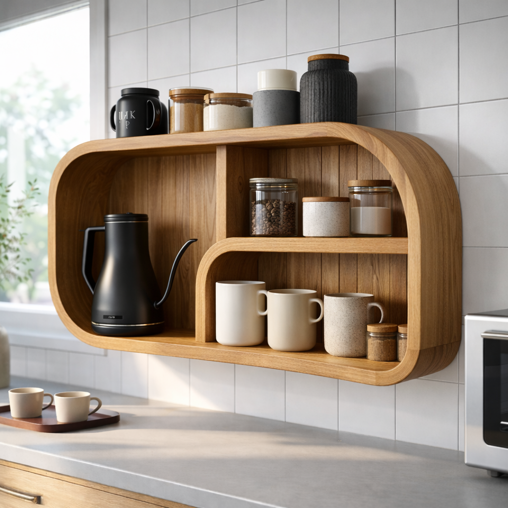 Curved Solid Wood Wall Shelf With Open Cubby Storage