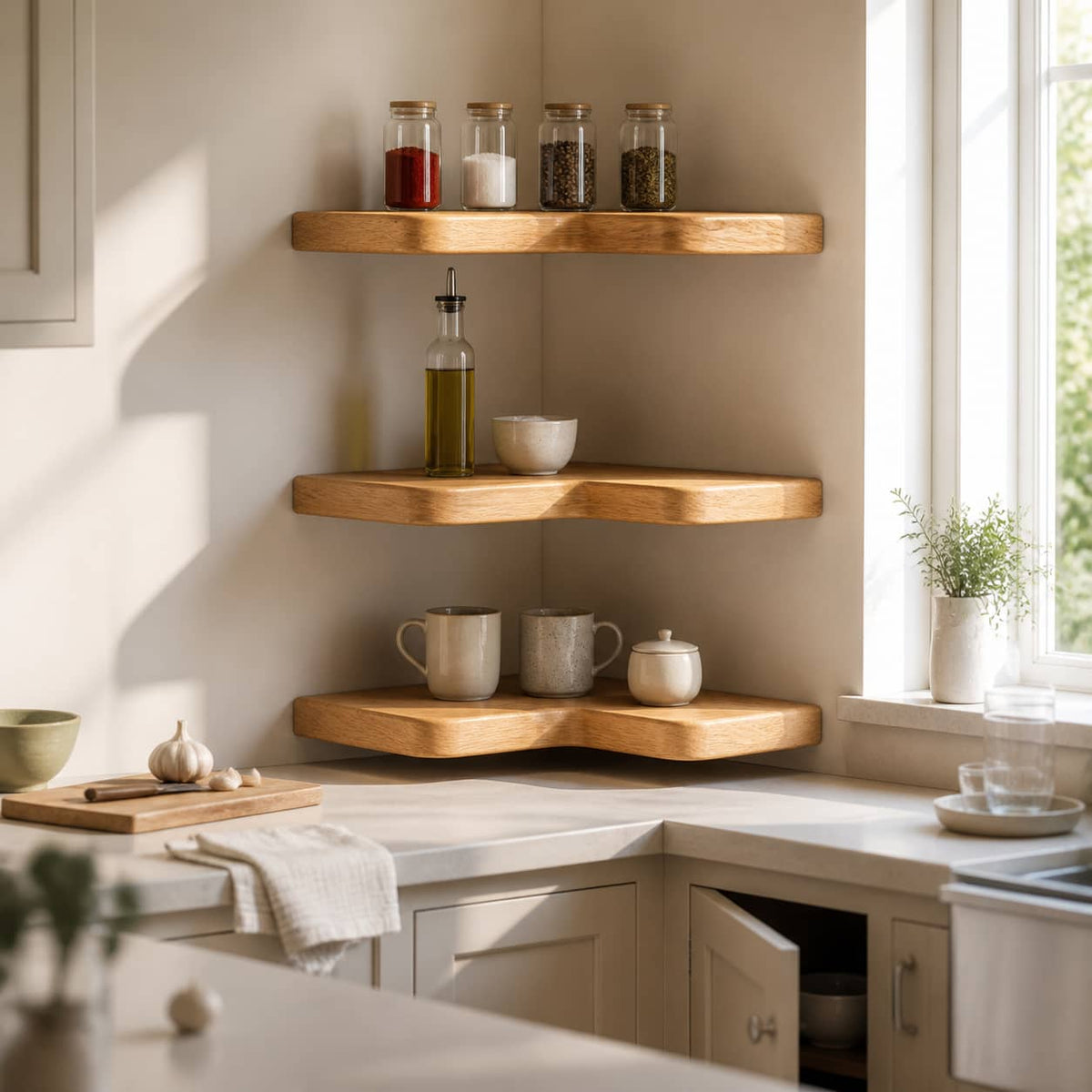 Delios Curved Solid Wood Corner Shelf For Furniture Decor And Living Room