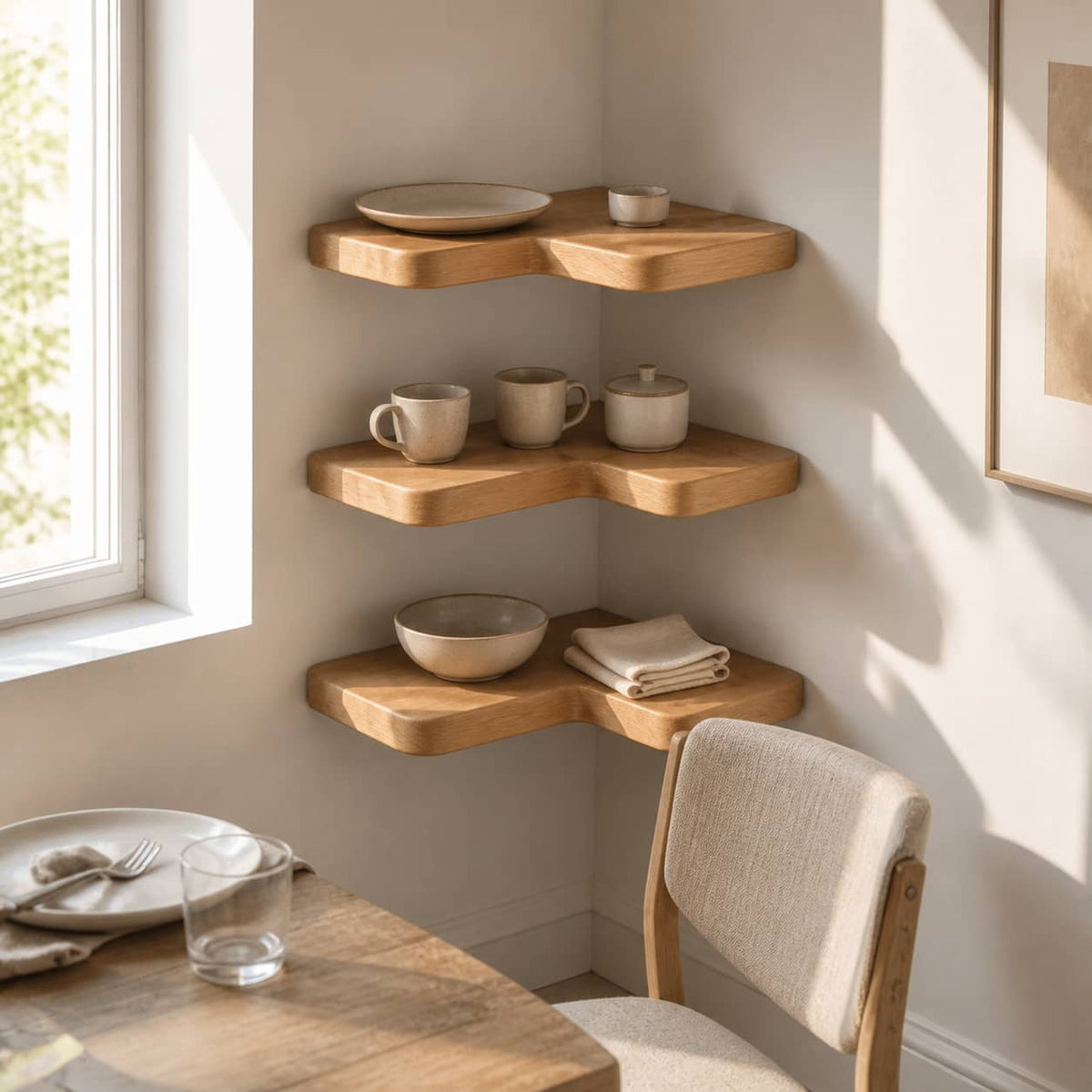 Delios Curved Solid Wood Corner Shelf For Furniture Decor And Living Room