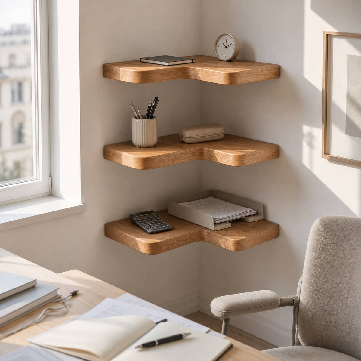Delios Curved Solid Wood Corner Shelf For Furniture Decor And Living Room