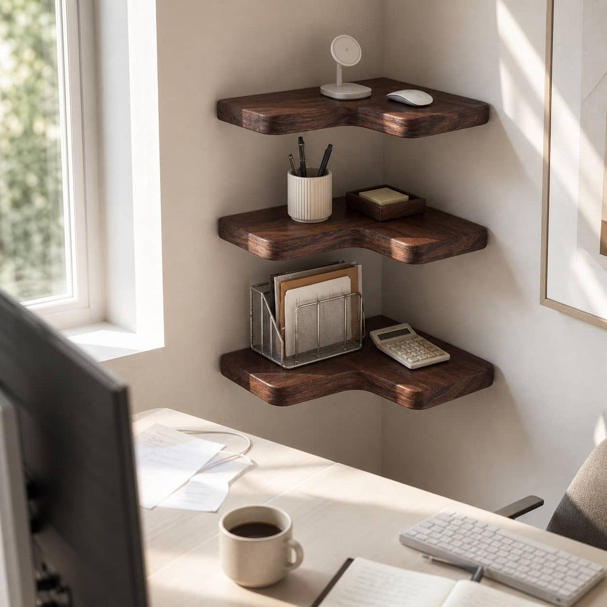 Delios Curved Solid Wood Corner Shelf For Furniture Decor And Living Room