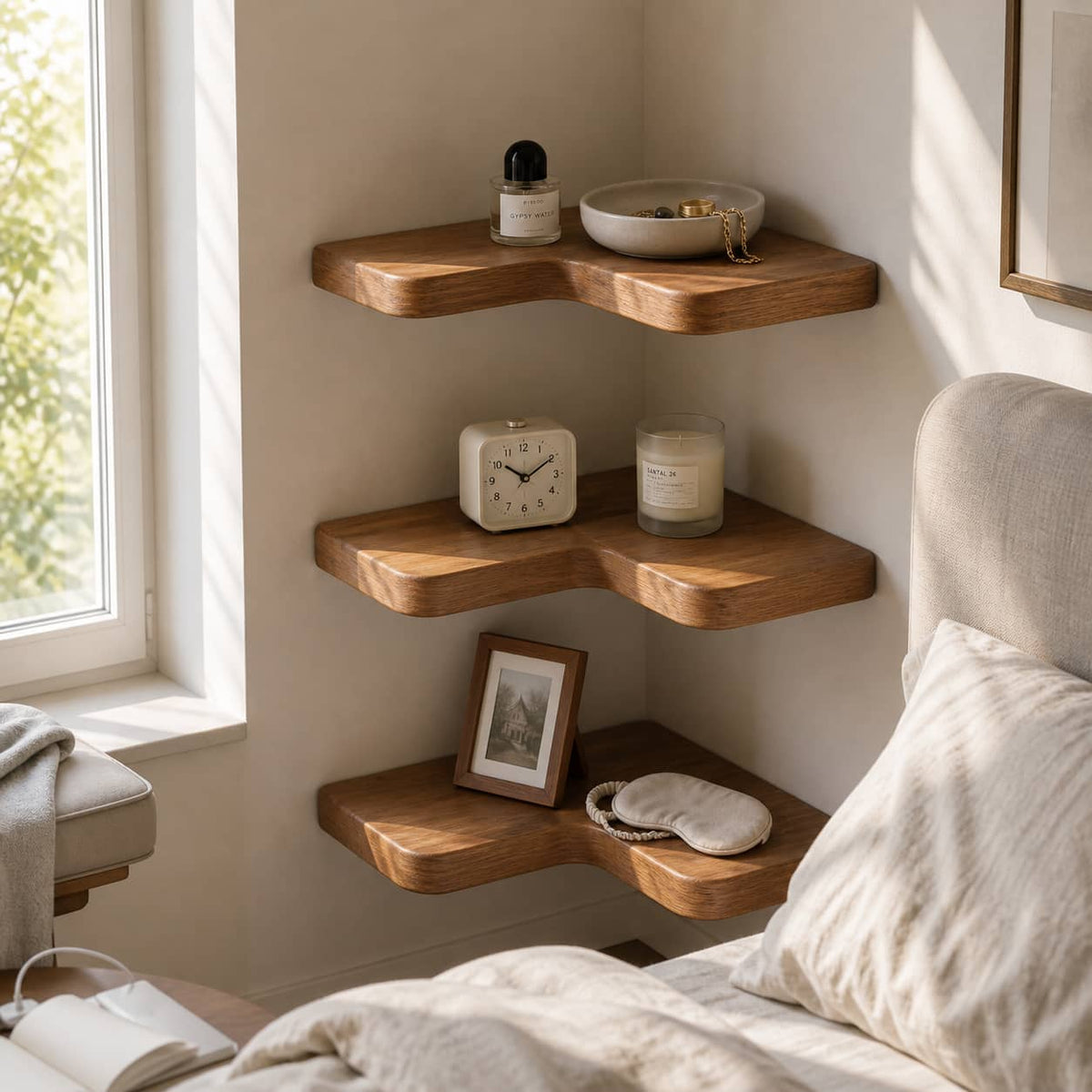 Delios Curved Solid Wood Corner Shelf For Furniture Decor And Living Room
