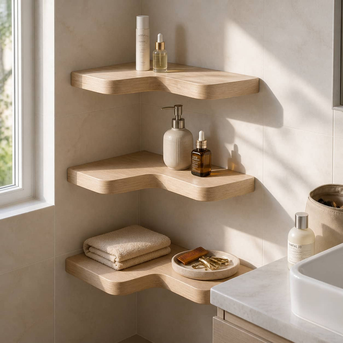 Delios Curved Solid Wood Corner Shelf For Furniture Decor And Living Room