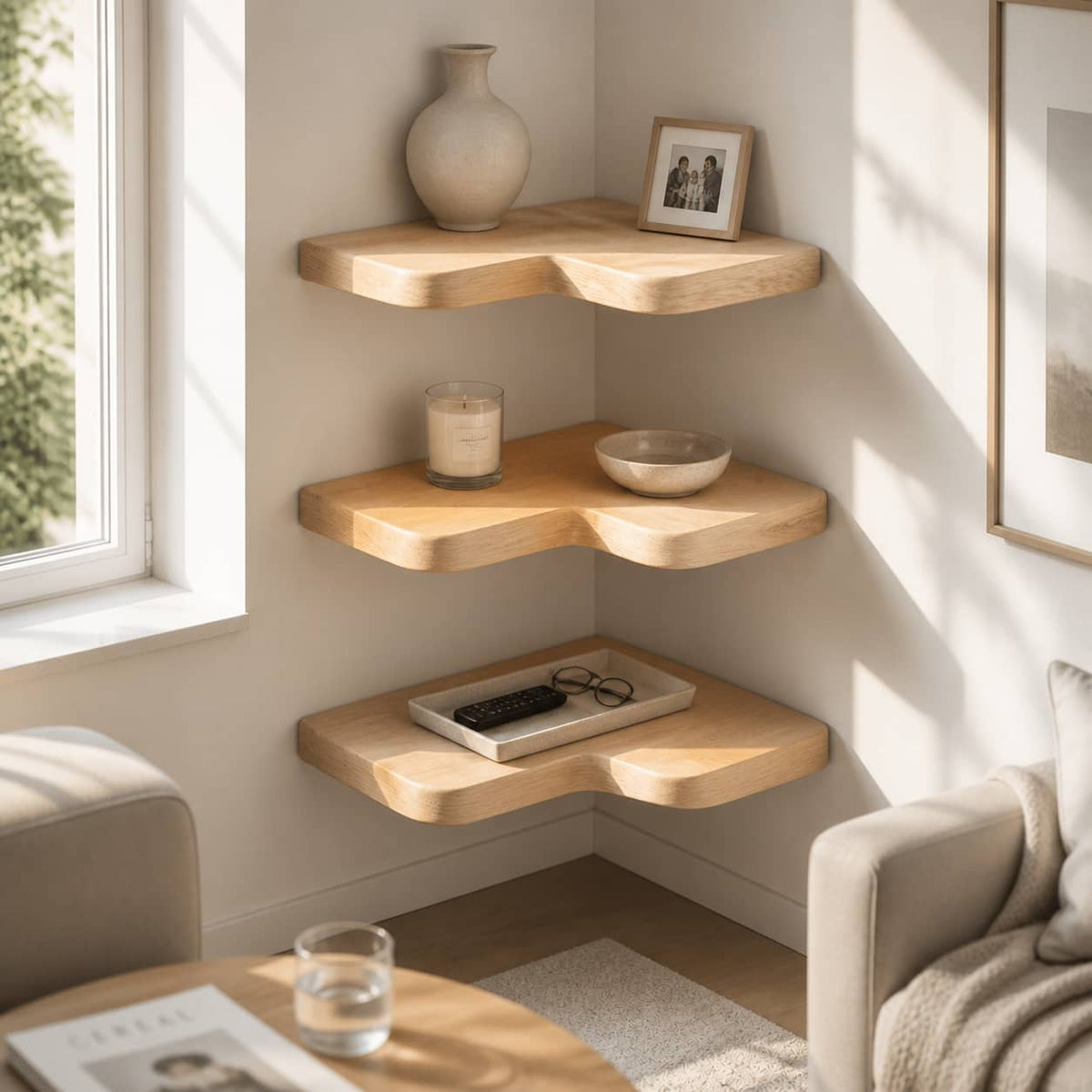 Delios Curved Solid Wood Corner Shelf For Furniture Decor And Living Room