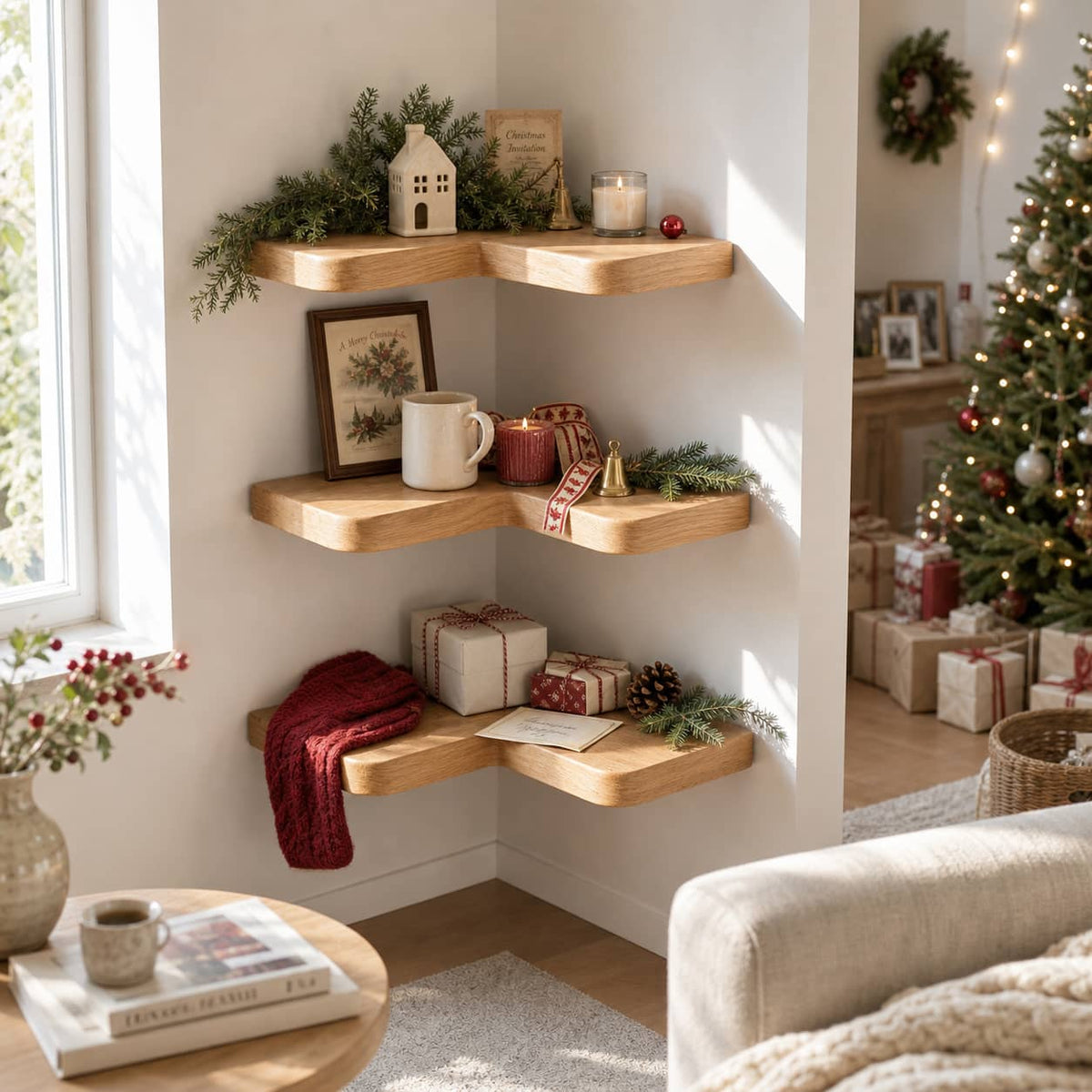 Delios Curved Solid Wood Corner Shelf For Furniture Decor And Living Room