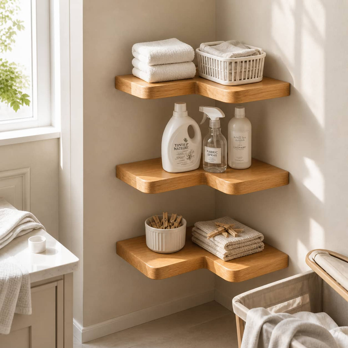 Delios Curved Solid Wood Corner Shelf For Furniture Decor And Living Room
