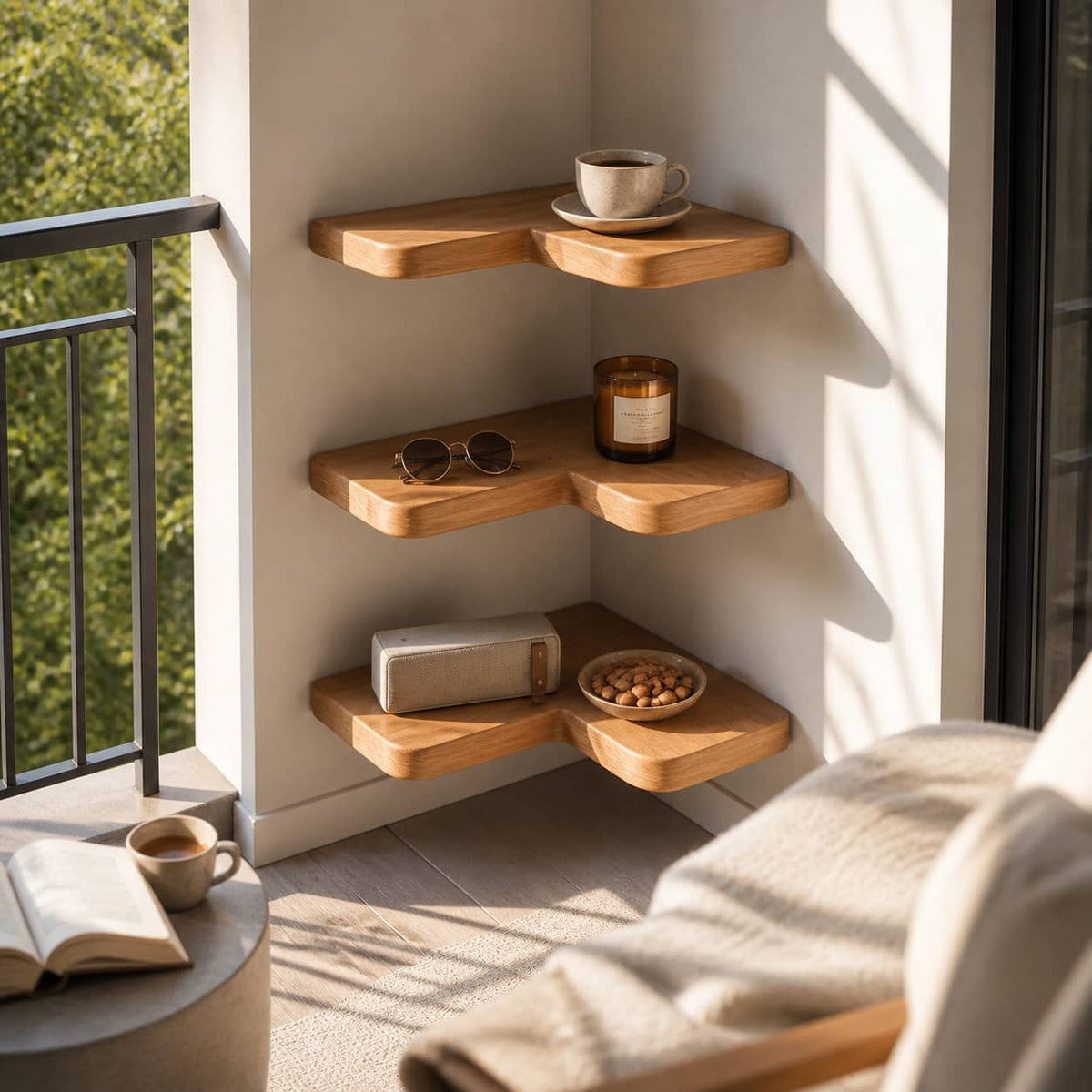 Delios Curved Solid Wood Corner Shelf For Furniture Decor And Living Room