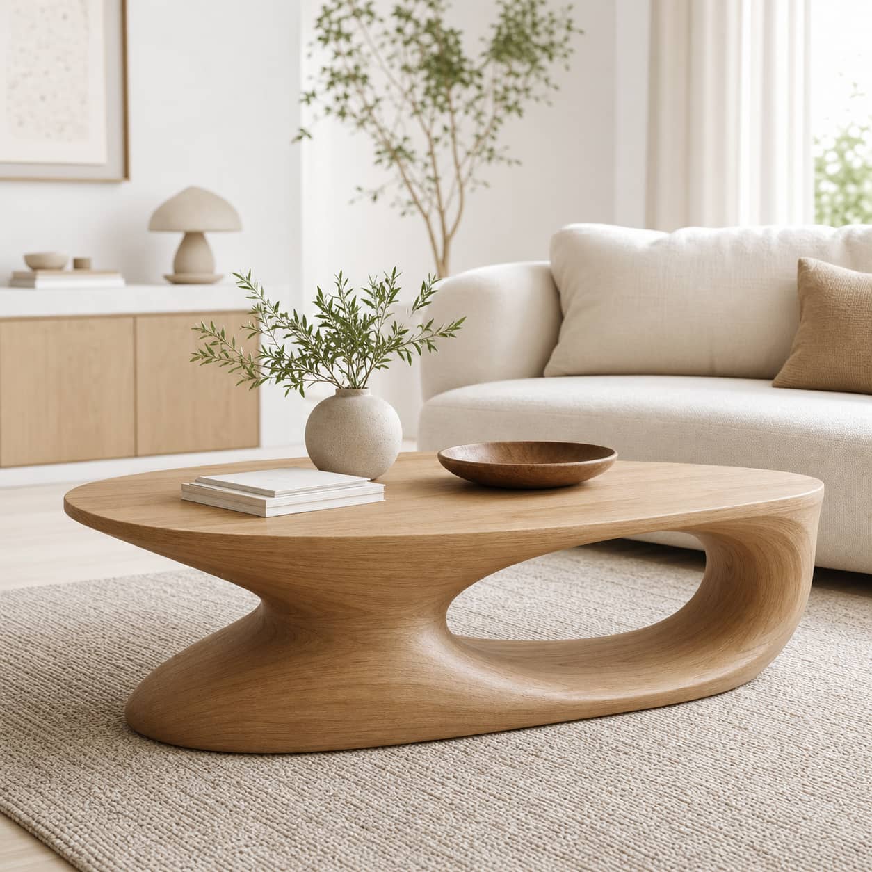 Elora Pebble-Shaped Solid Wood Coffee Table For Living Room