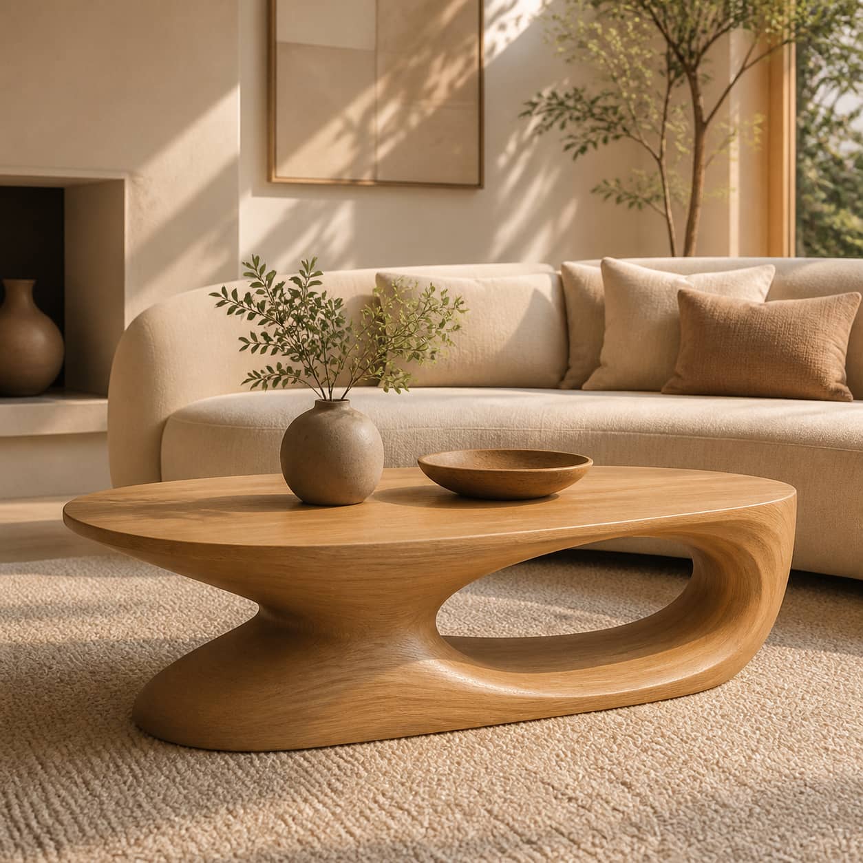 Elora Pebble-Shaped Solid Wood Coffee Table For Living Room